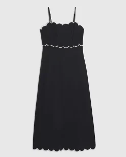 Black Linen Blend Scallop Trim Midi Dress