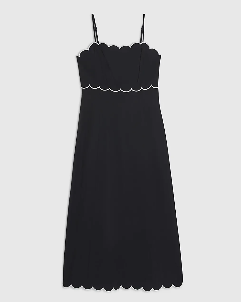 Black Linen Blend Scallop Trim Midi Dress
