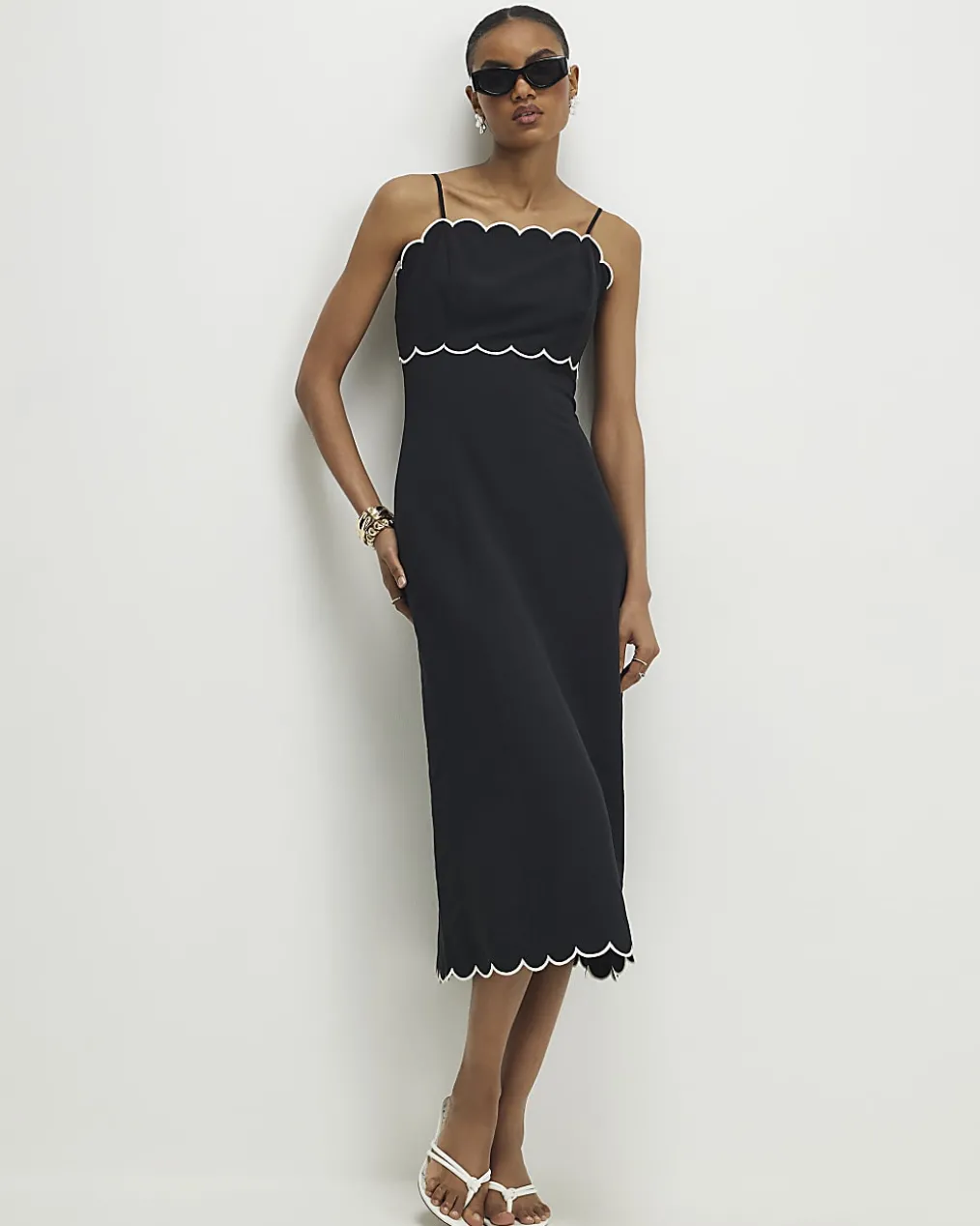 Black Linen Blend Scallop Trim Midi Dress