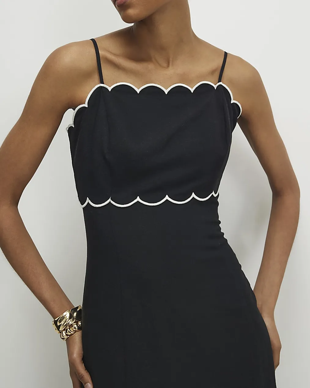 Black Linen Blend Scallop Trim Midi Dress