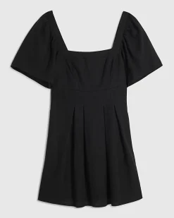 Black Linen Blend Shirred Mini Dress
