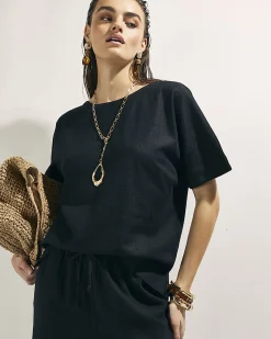 Black Linen Blend Short Sleeve Top