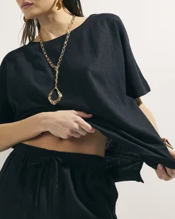 Black Linen Blend Short Sleeve Top