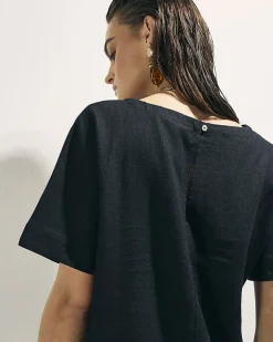 Black Linen Blend Short Sleeve Top