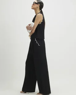 Black Linen Blend Wide Leg Trousers