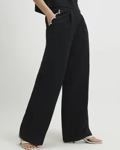 Black Linen Blend Wide Leg Trousers