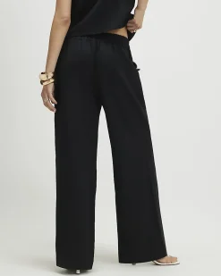 Black Linen Blend Wide Leg Trousers