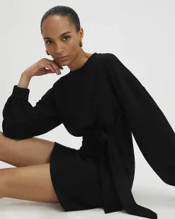 Black Long Sleeve Knot Side Mini Dress
