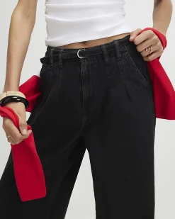Black Mid Rise Wide Leg Tie Front Jeans