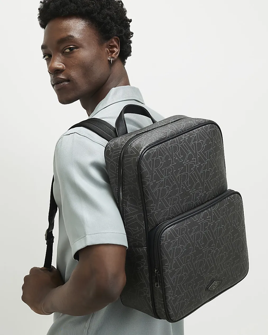 Black Monogram Faux Leather Backpack
