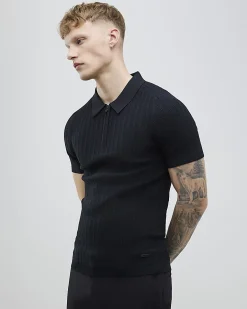 Black Muscle Fit Quarter Zip Polo Shirt