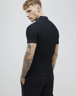 Black Muscle Fit Quarter Zip Polo Shirt