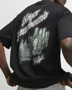 Black Oversized Cotton City Glitter T-Shirt