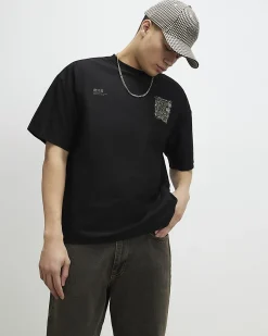 Black Oversized Cotton Dragon Graphic T-Shirt