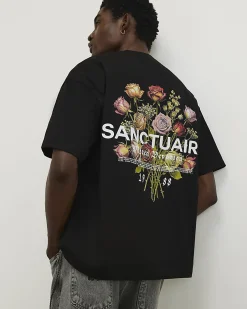 Black Oversized Cotton Flower Print T-Shirt