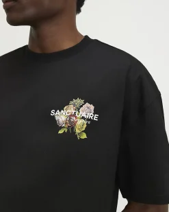 Black Oversized Cotton Flower Print T-Shirt