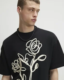 Black Oversized Fit Cotton Roping T-Shirt