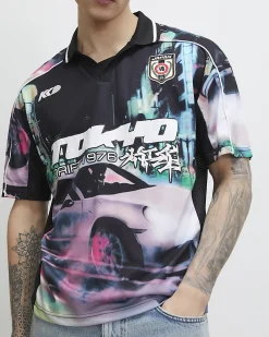 Black Oversized Fit Tokyo Drift Polo Shirt