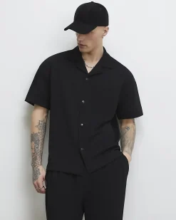 Black Oversized Fit Waffle Textured Shirt