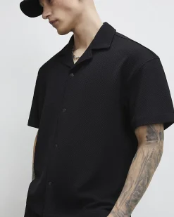 Black Oversized Fit Waffle Textured Shirt