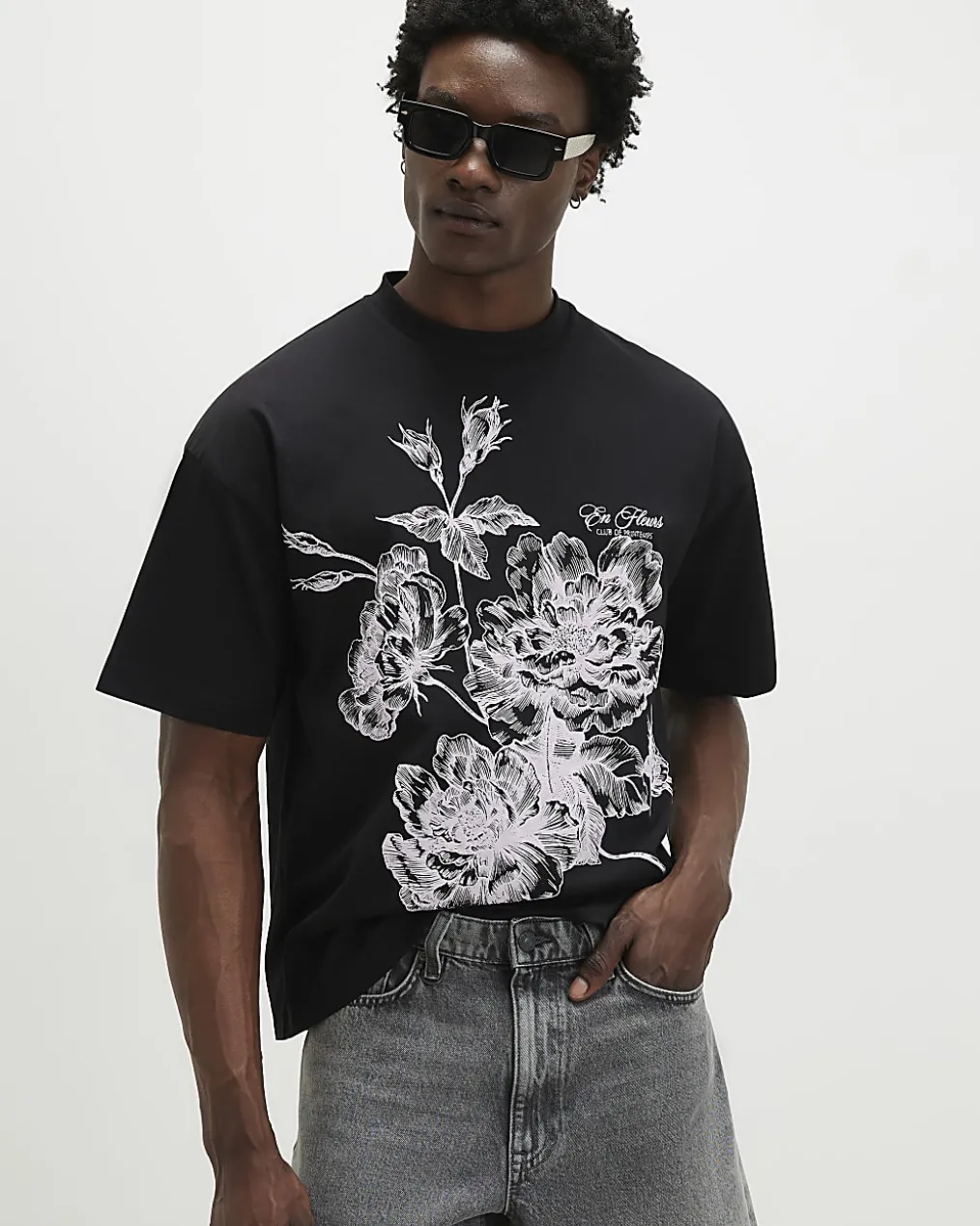 Black Oversized Floral Midweight T-Shirt