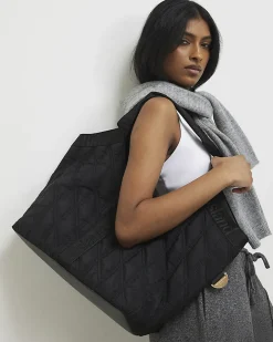 Black Padded Webbing Detail Shopper Bag