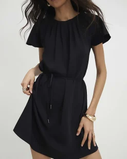 Black Pleated Short Sleeve Mini Shift Dress