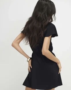 Black Pleated Short Sleeve Mini Shift Dress