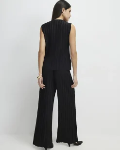 Black Plisse Wide Leg Trousers