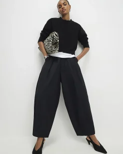 Black Poplin Barrel Leg Trousers
