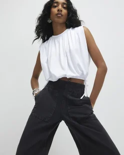 Black Pull On Elasticated Wide Leg Jeans