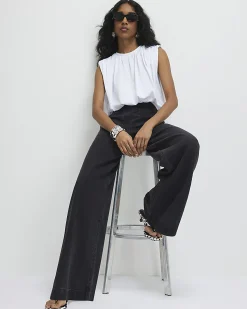 Black Pull On Elasticated Wide Leg Jeans
