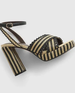Black Raffia Stripe Platform Heeled Sandals