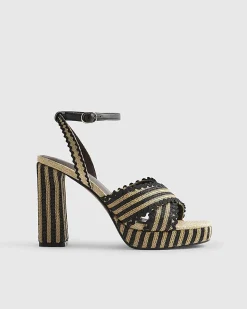 Black Raffia Stripe Platform Heeled Sandals