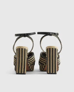 Black Raffia Stripe Platform Heeled Sandals