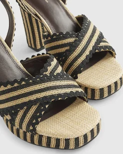 Black Raffia Stripe Platform Heeled Sandals