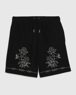 Black Regular Fit Floral Embroidered Shorts