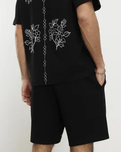 Black Regular Fit Floral Embroidered Shorts