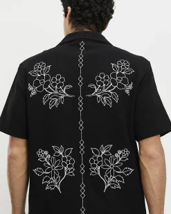Black Regular Fit Floral Embroidered Shirt