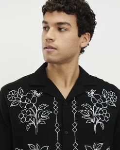 Black Regular Fit Floral Embroidered Shirt