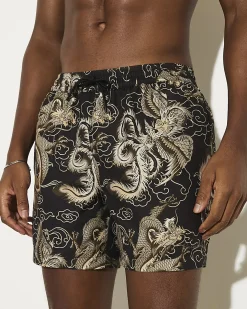 Black Regular Length Printed Swim Short