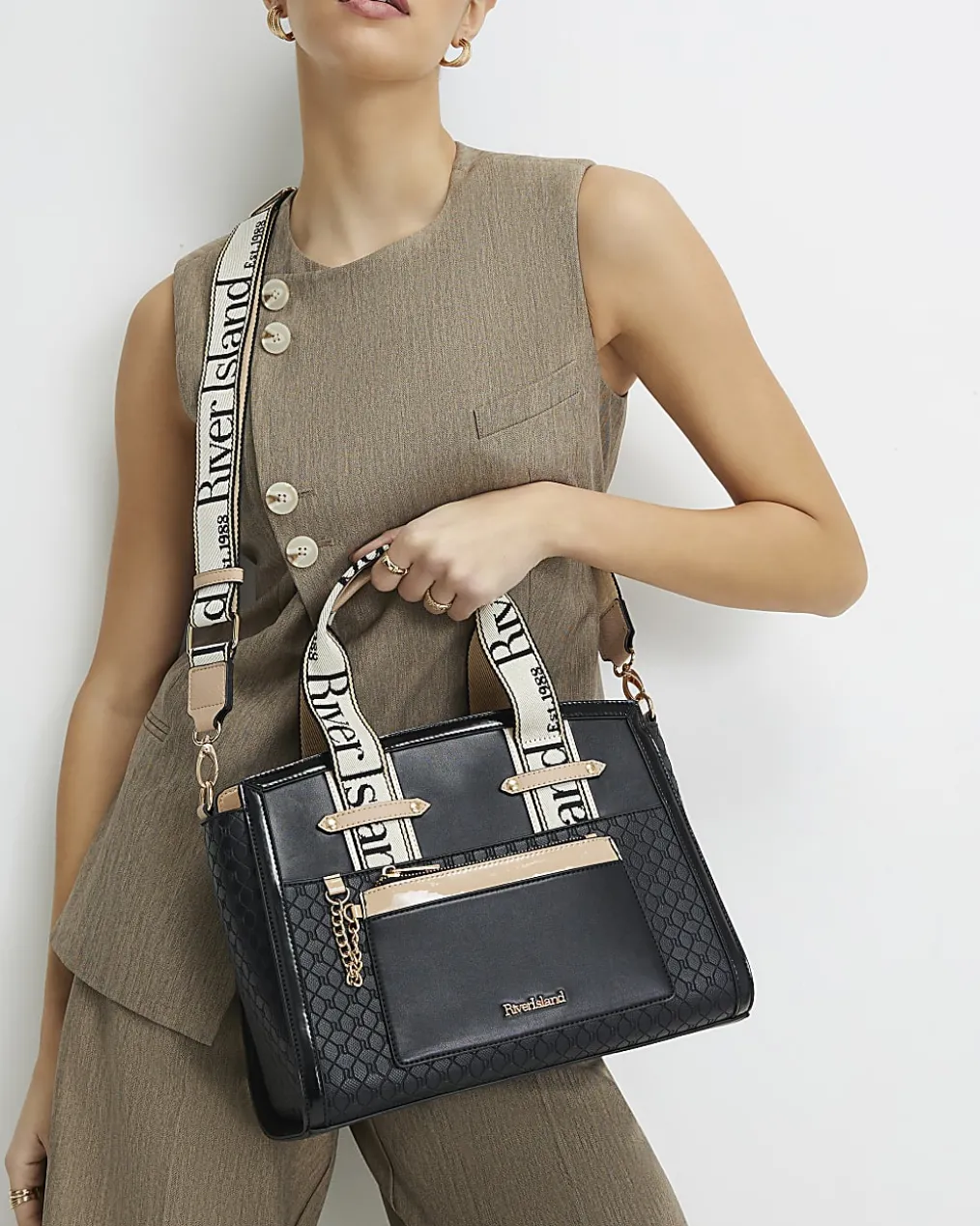 Black RI Monogram Grab Handle Tote Bag