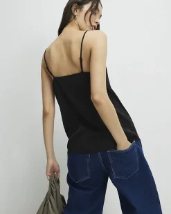 Black Satin Lace Trim Cami Top
