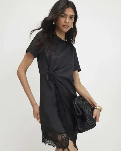 Black Satin Twist Side Mini Dress
