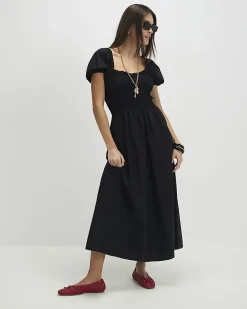 Black Shirred Midi dress