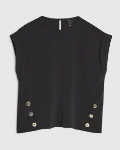 Black Short Sleeve Button Top