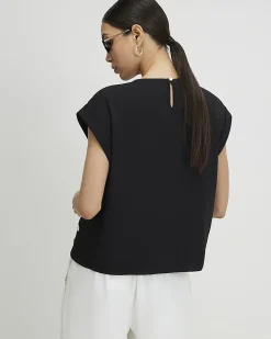 Black Short Sleeve Button Top