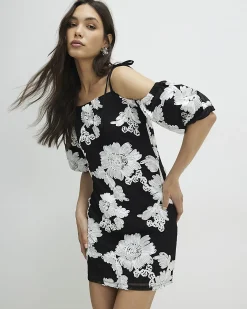 Black Short Sleeve Cornelli Mini Dress