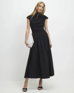 Black Short Sleeve Hybrid Drape Maxi Dress