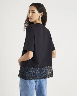 Black Short Sleeve Lace Hem T-shirt